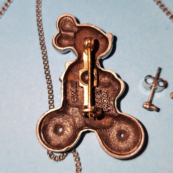 Mickey Mouse On A Bicycle Pewter Pin, Earrings, And Necklace Set, 1970's Disney - Picture 4 of 5